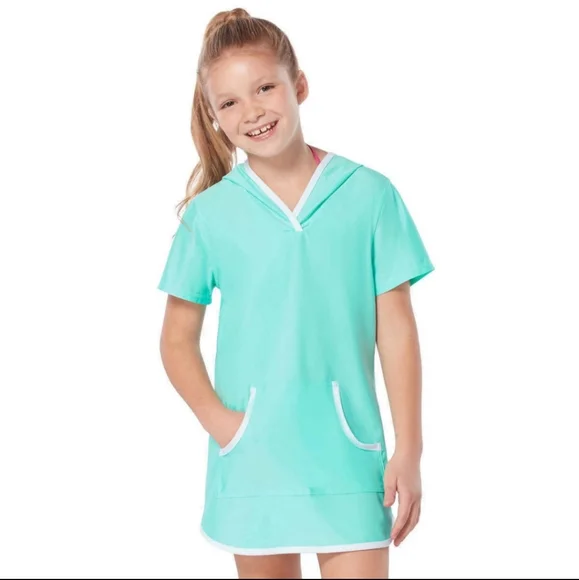 Free country girls swim cover up spearmint green M UPF 50 sun Mesh hooded - Picture 2 of 5